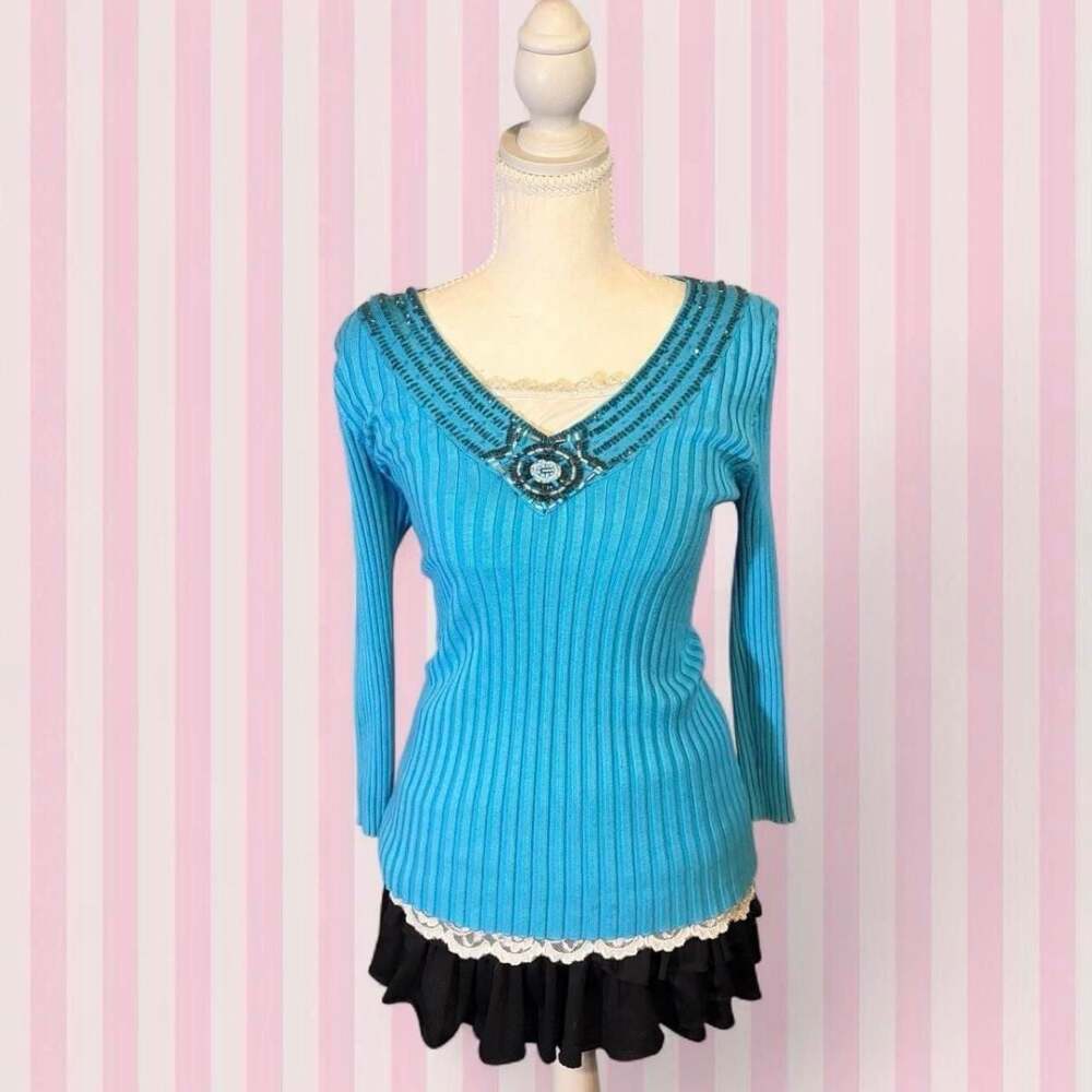 Belldini Vintage Beaded Ribbed Long Sleeve Top